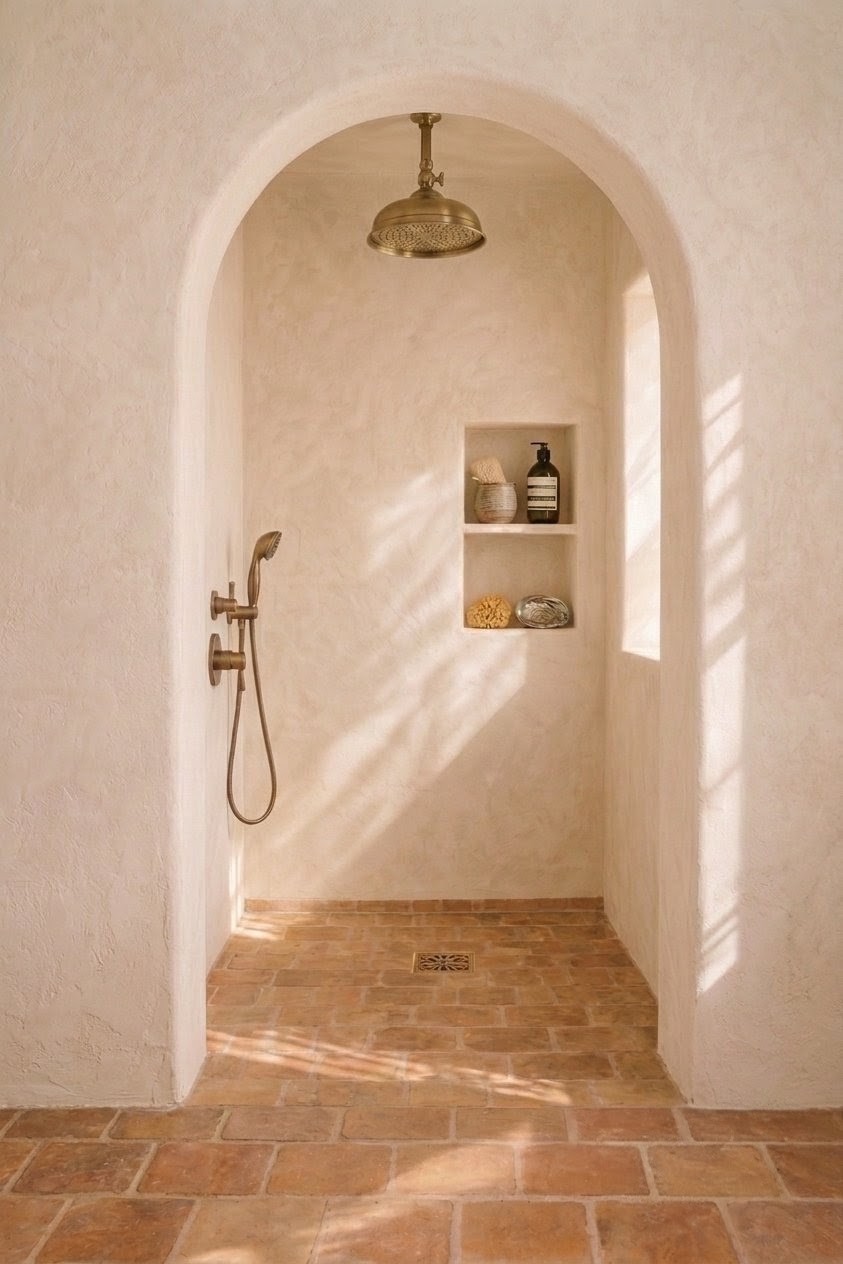 Baño claro con un arco y grifería de latón