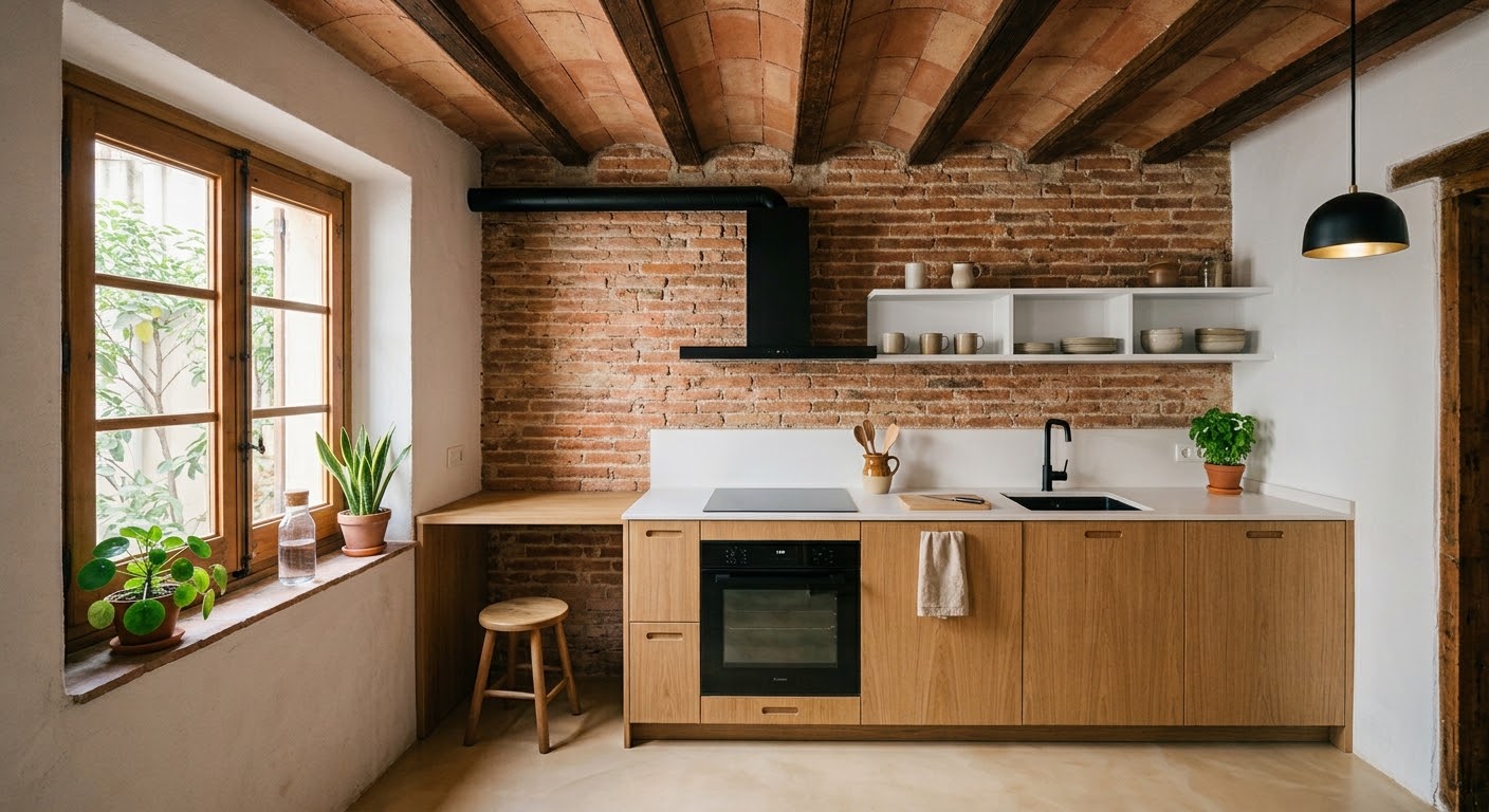 El techo también cuenta: cocina con madera y ladrillo