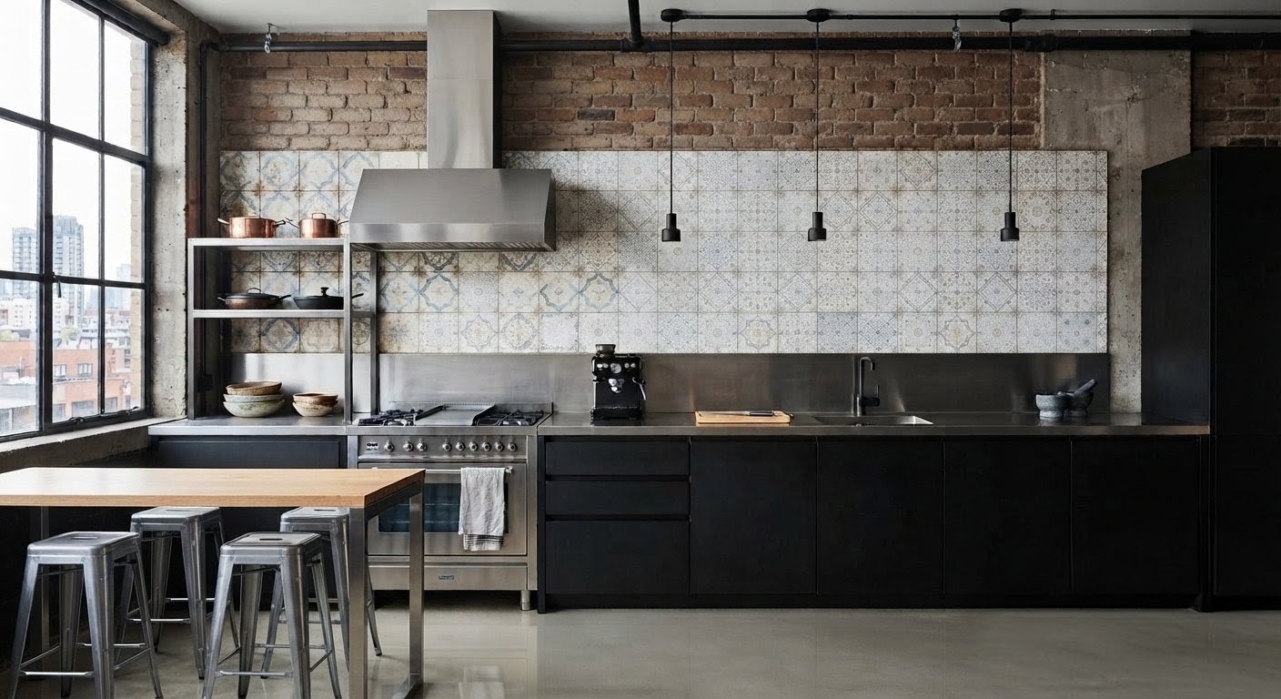 Líneas y contraste: cocina con acero y cerámica